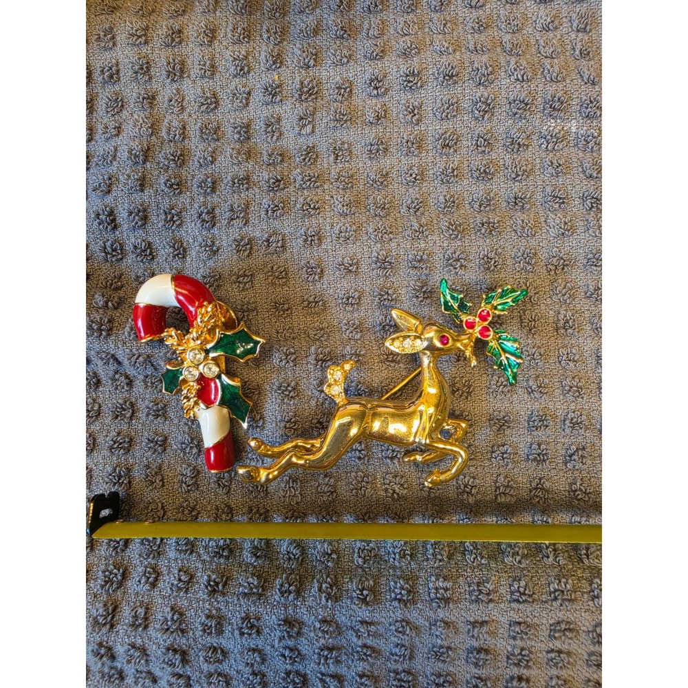 Vintage Christmas Reindeer Brooch & Candy Cane Pin Set Gold Tone Enamel Holiday